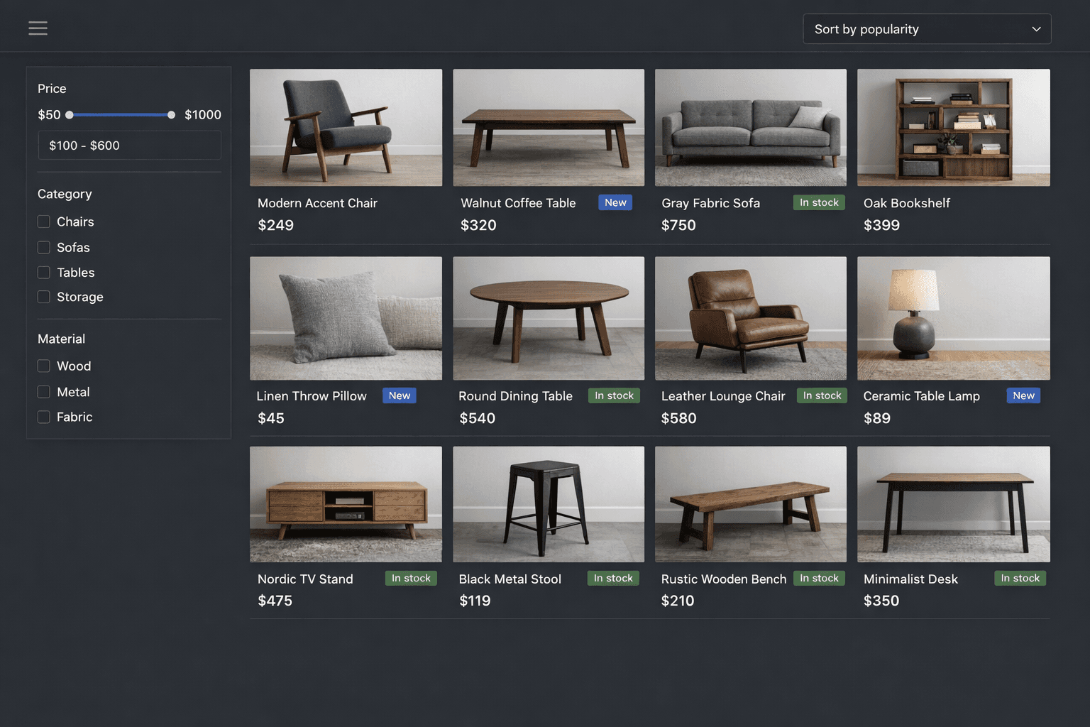 Cuadrícula de categoría en escritorio con filtros y ordenación