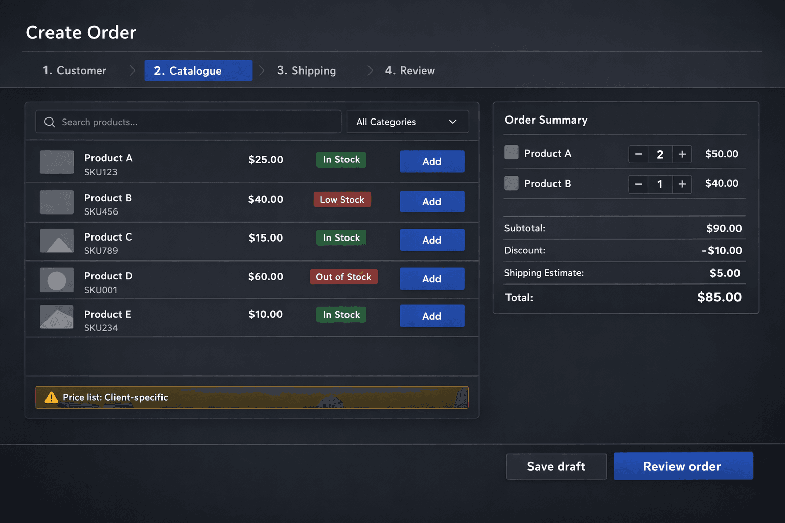 Proceso de creación de pedido con precios específicos por cliente